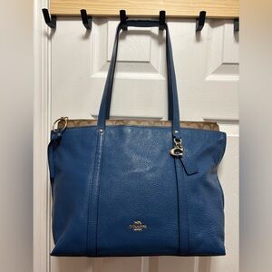 Coach A2079-1575 May Tote Signature Canvas Detail Blue Pebbled Leather in EUC